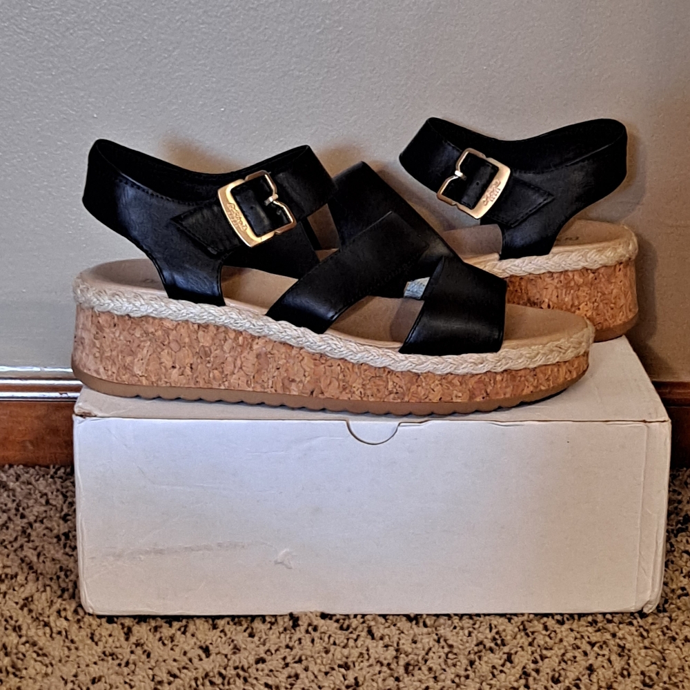 Dr. Scholl's Black Cork Wedge Sandals with Gold Buckles Size 9.5